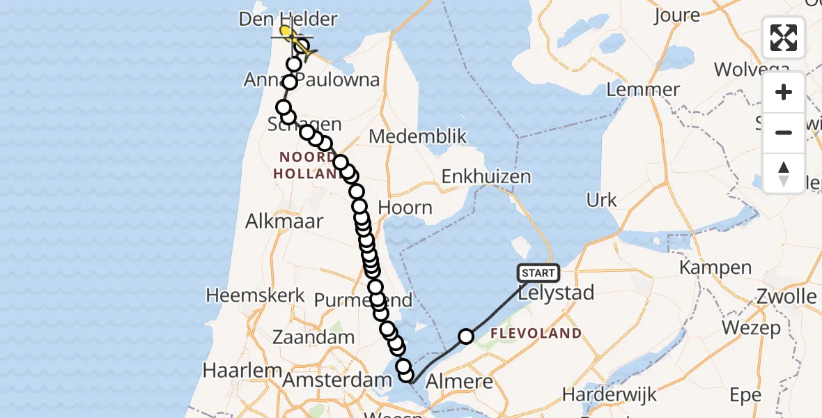 Routekaart van de vlucht: Kustwachthelikopter naar Vliegveld De Kooy, IJmeer