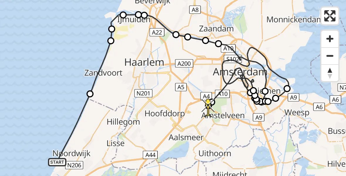 Routekaart van de vlucht: Politieheli naar Schiphol, Naturistenstrand Zandvoort