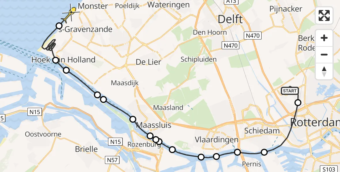 Routekaart van de vlucht: Politieheli naar 's-Gravenzande, Fairoaksbaan