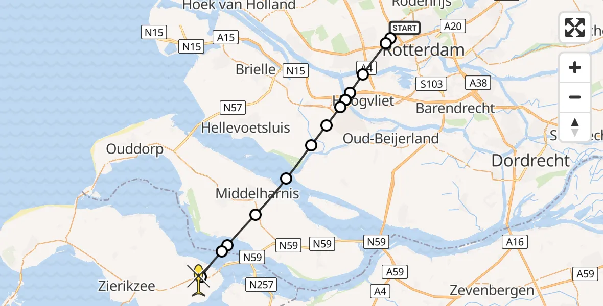 Routekaart van de vlucht: Lifeliner 2 naar Oosterland, Rotterdam Airportbaan