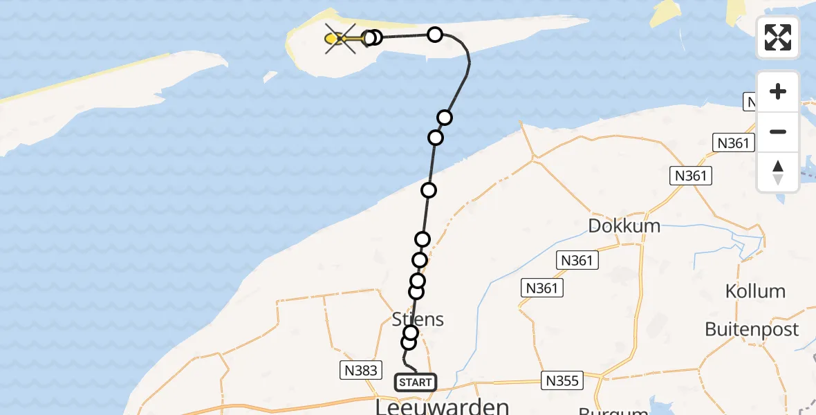Routekaart van de vlucht: Ambulanceheli naar Ameland Airport Ballum, Keegsdijkje