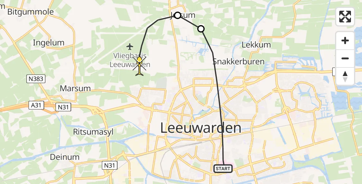 Routekaart van de vlucht: Ambulanceheli naar Vliegbasis Leeuwarden, Keizersgracht