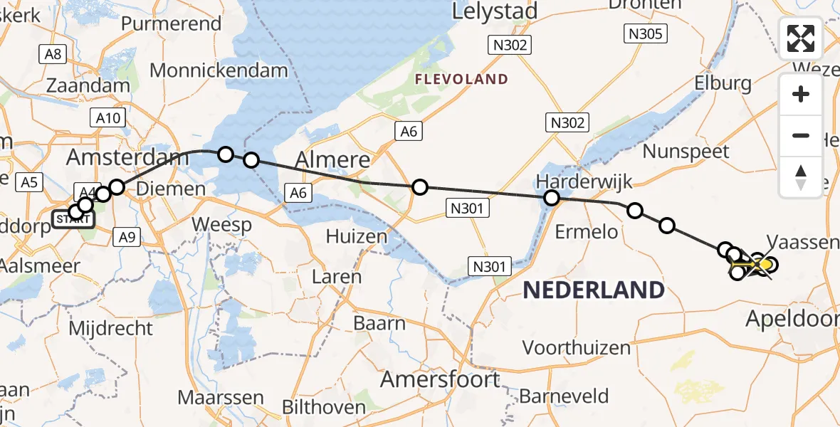 Routekaart van de vlucht: Politiehelikopter naar Vaassen, Aalsmeer