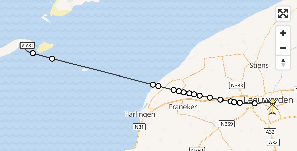 Routekaart van de vlucht: Ambulancehelikopter naar Leeuwarden, Vliesloot