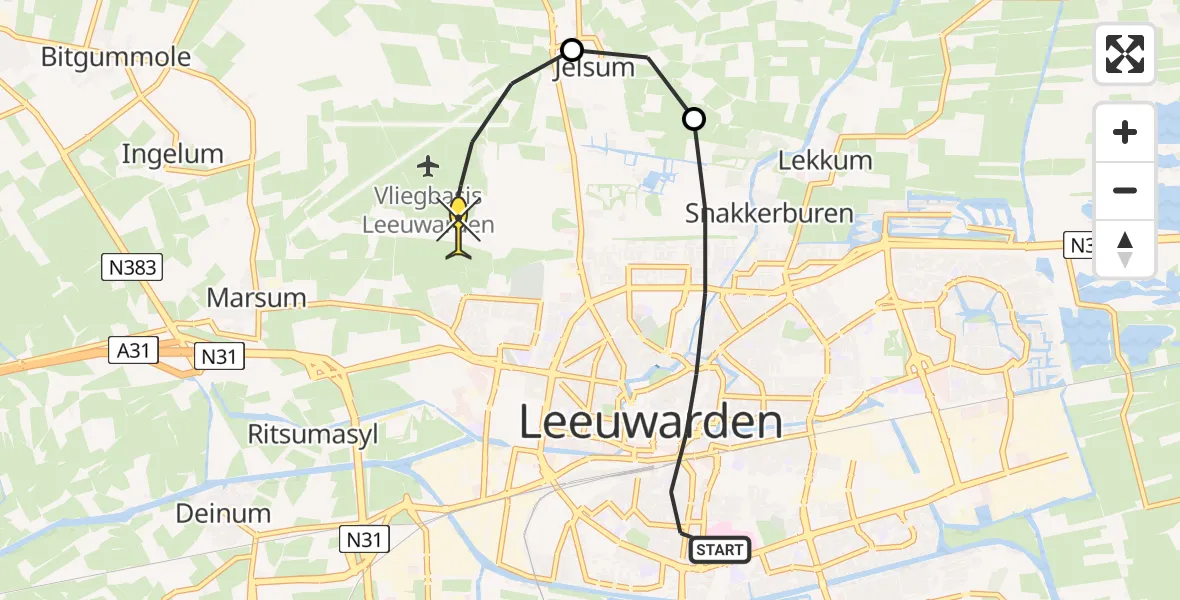 Routekaart van de vlucht: Ambulancehelikopter naar Vliegbasis Leeuwarden, Carel van Manderstraat