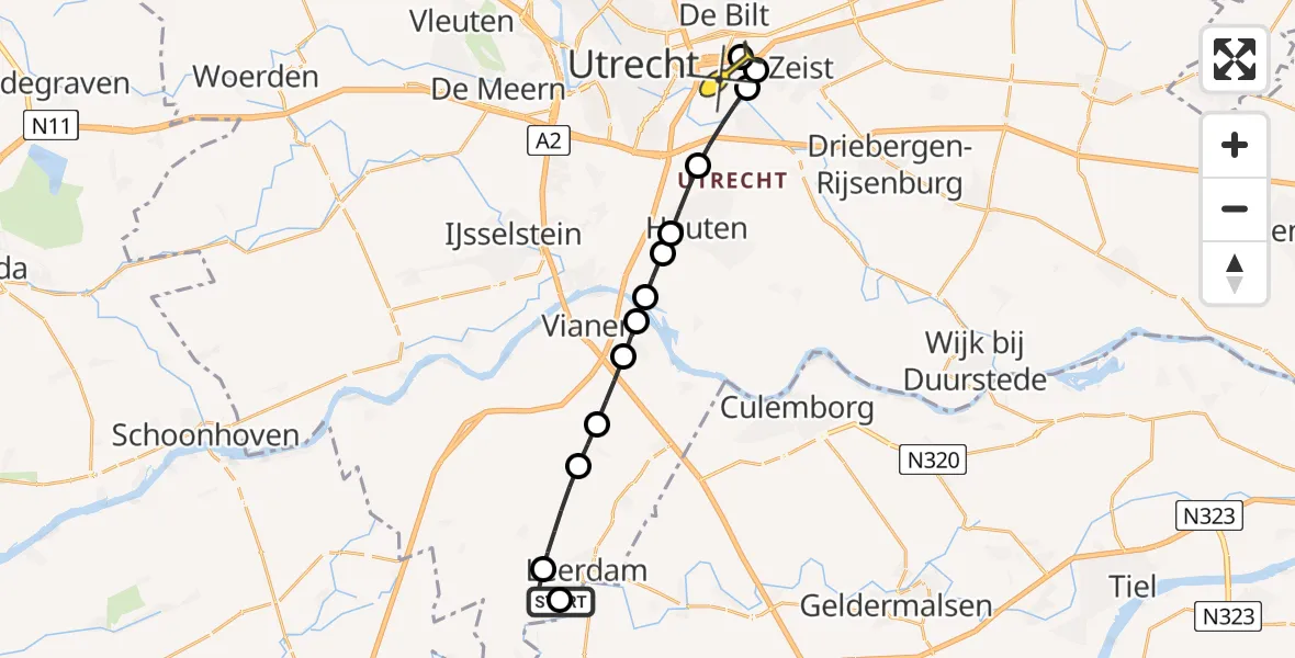 Routekaart van de vlucht: Lifeliner 2 naar Universitair Medisch Centrum Utrecht, Koenderseweg