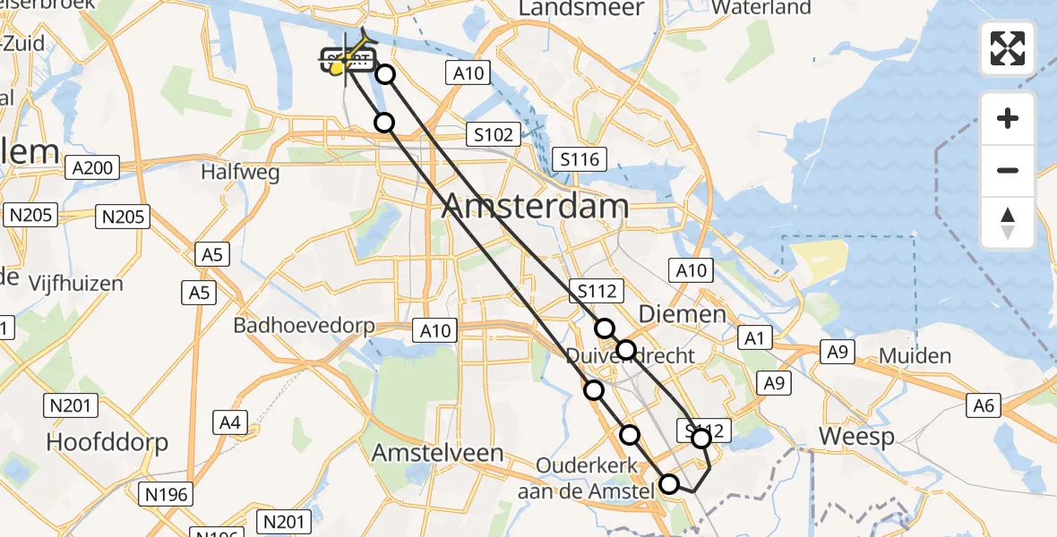 Routekaart van de vlucht: Lifeliner 1 naar Amsterdam Heliport, Sardiniëweg