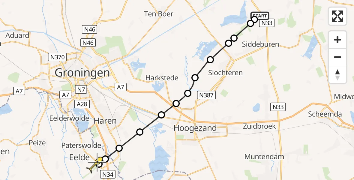 Routekaart van de vlucht: Lifeliner 4 naar Groningen Airport Eelde, Damsterweg
