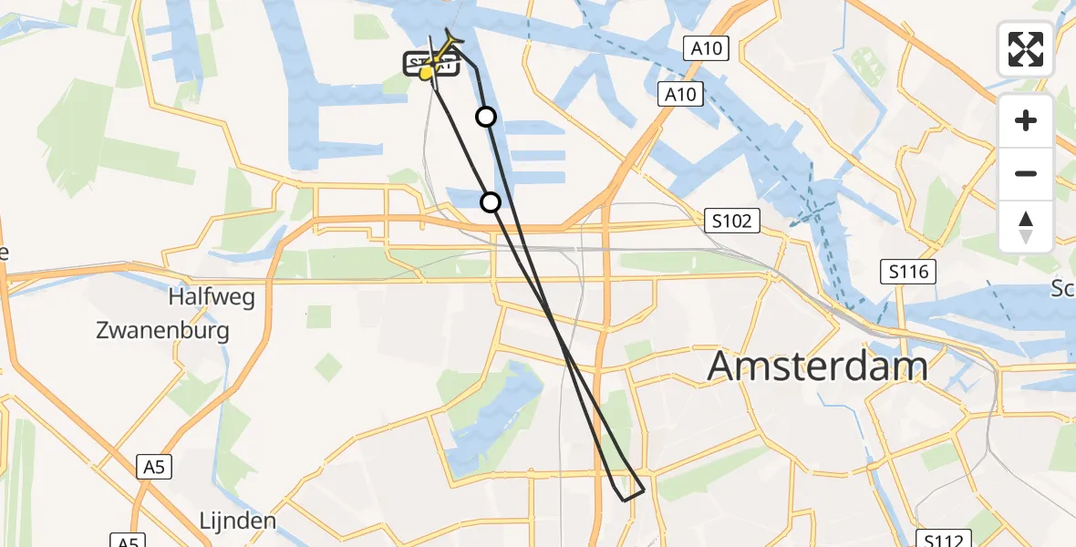 Routekaart van de vlucht: Lifeliner 1 naar Amsterdam Heliport, Sardiniëweg