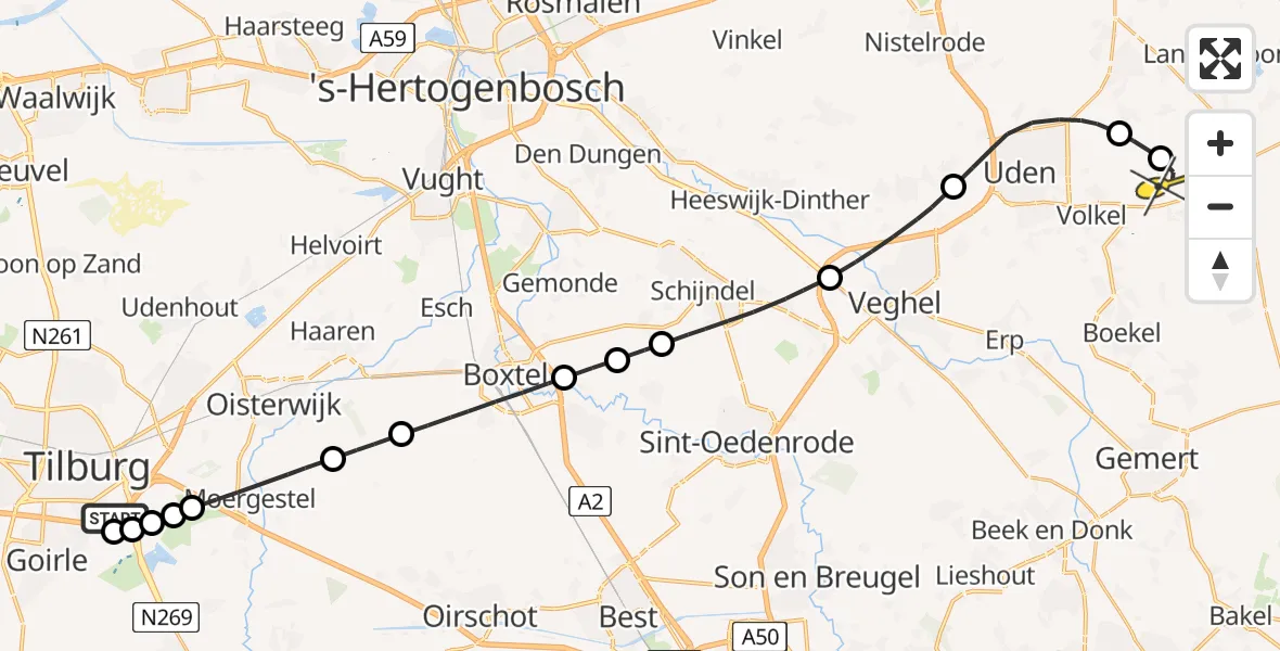 Routekaart van de vlucht: Lifeliner 3 naar Vliegbasis Volkel, Hilvarenbeekseweg