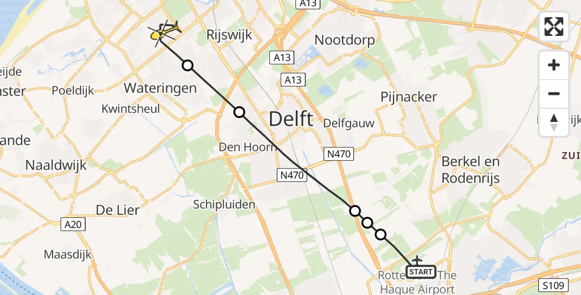 Routekaart van de vlucht: Lifeliner 2 naar Den Haag, Schieveense polder
