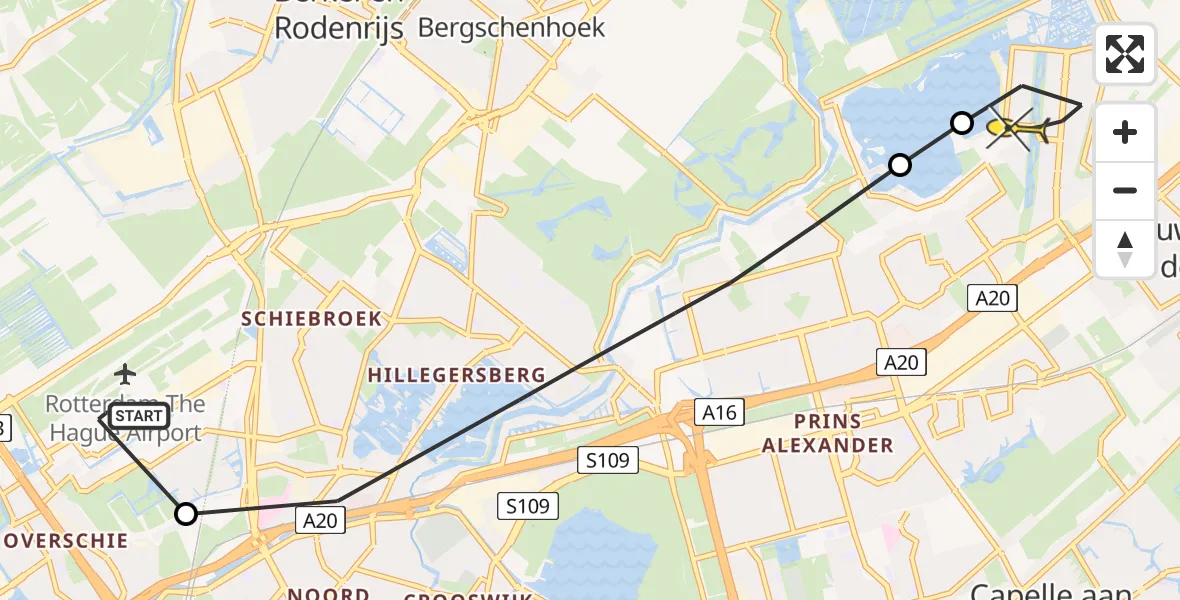 Routekaart van de vlucht: Lifeliner 2 naar Rotterdam, Overschiese Kleiweg