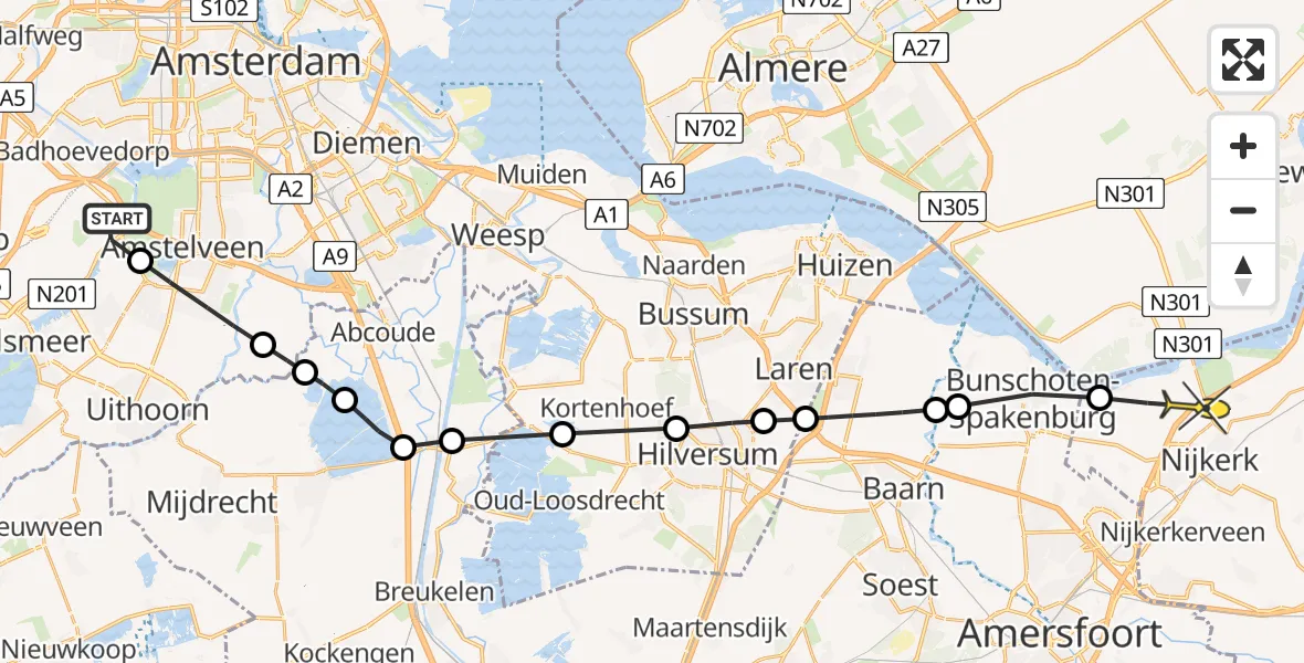 Routekaart van de vlucht: Politiehelikopter naar Nijkerk, Amsterdam-Bataviaweg