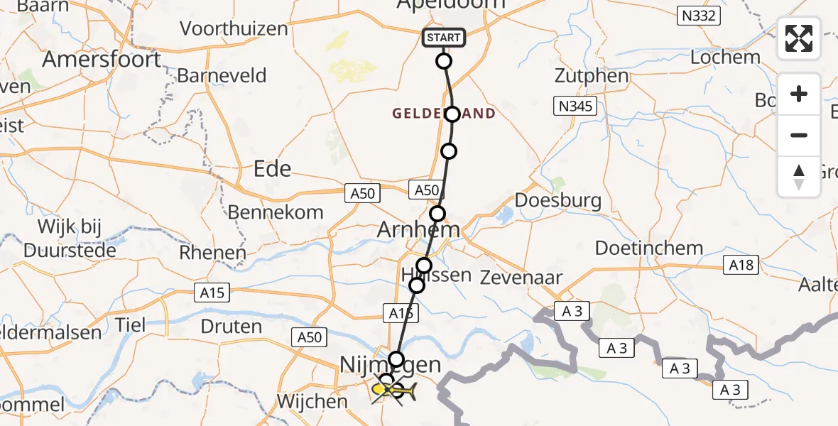 Routekaart van de vlucht: Lifeliner 3 naar Radboud Universitair Medisch Centrum, Berg en Dalweg
