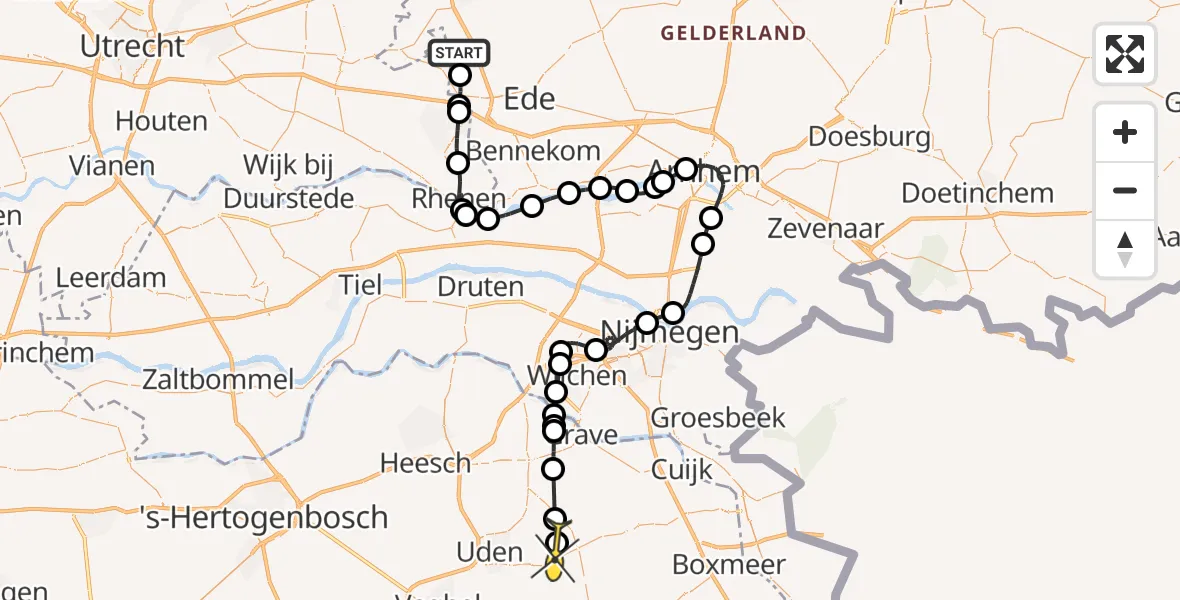 Vluchtroute Politiehelikopter van Lunteren naar Vliegbasis Volkel
