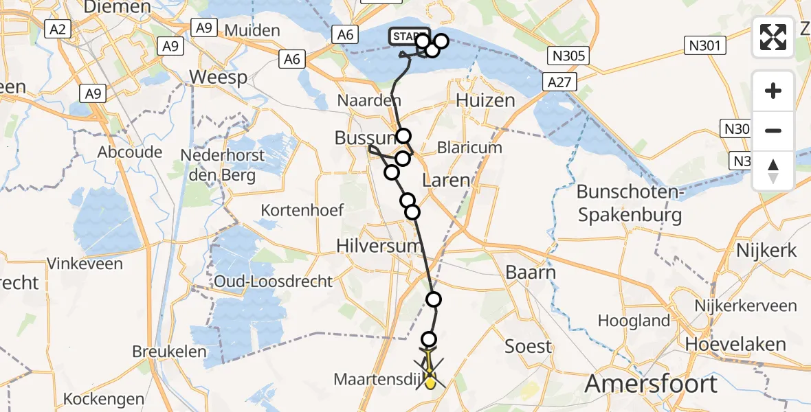 Routekaart van de vlucht: Politieheli naar Bilthoven, Gooimeer