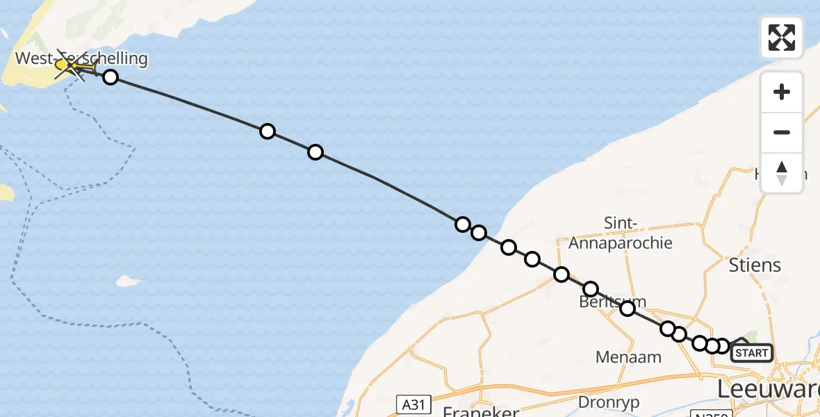 Routekaart van de vlucht: Ambulancehelikopter naar West-Terschelling, Keegsdijkje