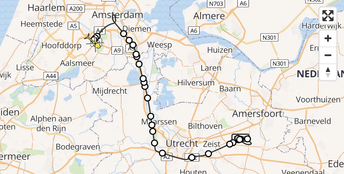 Routekaart van de vlucht: Politieheli naar Schiphol, Nationaal Park De Utrechtse Heuvelrug