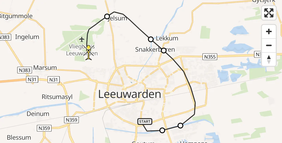 Routekaart van de vlucht: Ambulancehelikopter naar Vliegbasis Leeuwarden, Mannagras