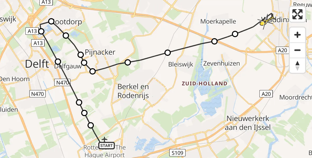 Routekaart van de vlucht: Lifeliner 2 naar Waddinxveen, Schieveense polder