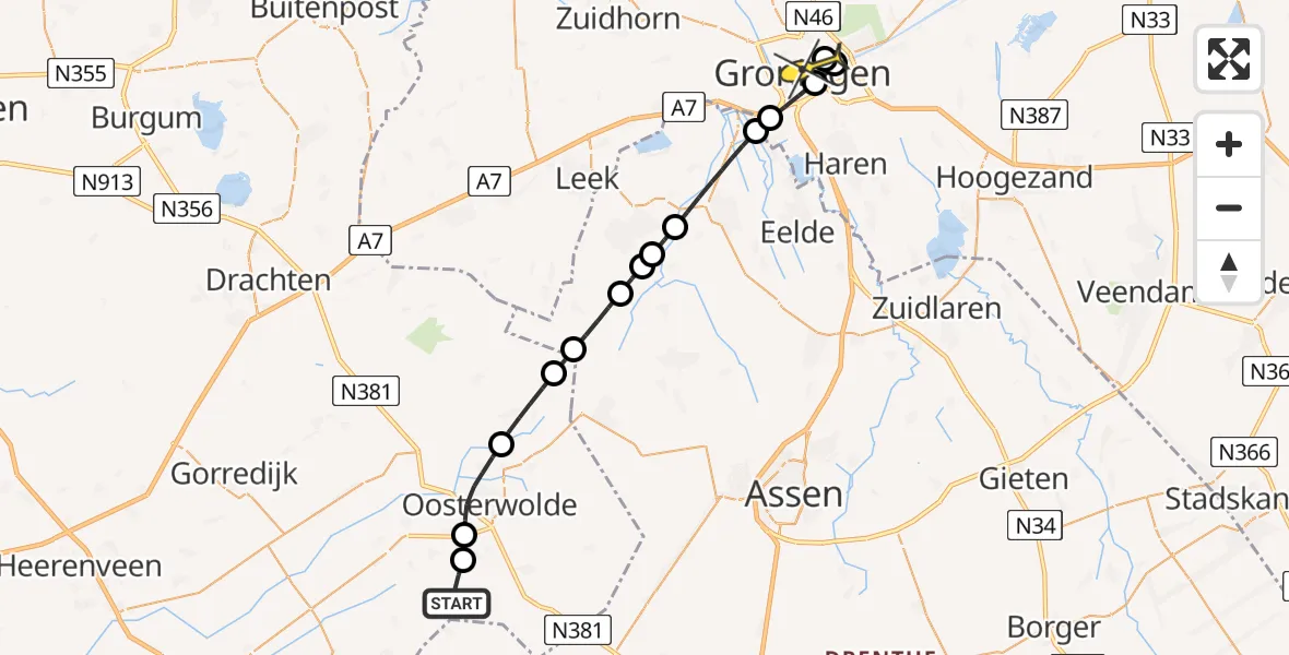 Routekaart van de vlucht: Ambulanceheli naar Universitair Medisch Centrum Groningen, Schaopedobbe