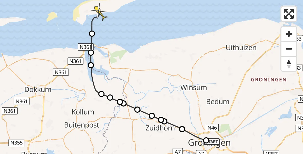 Routekaart van de vlucht: Ambulancehelikopter naar Schiermonnikoog, Grote Kruisstraat