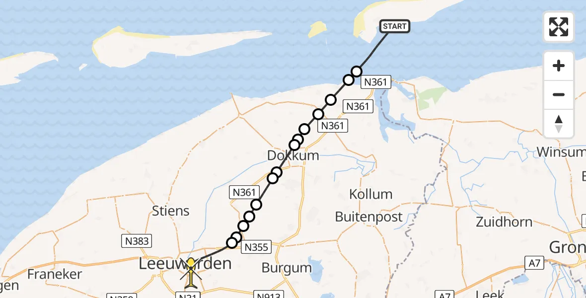 Routekaart van de vlucht: Ambulanceheli naar Leeuwarden, Groote Siege