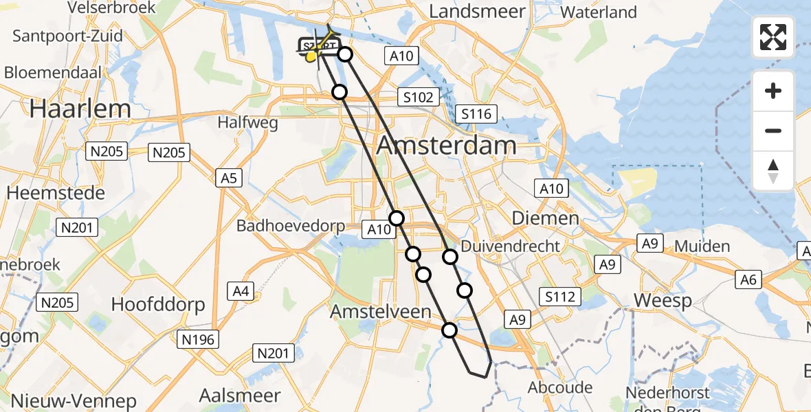 Routekaart van de vlucht: Lifeliner 1 naar Amsterdam Heliport, Corsicaweg