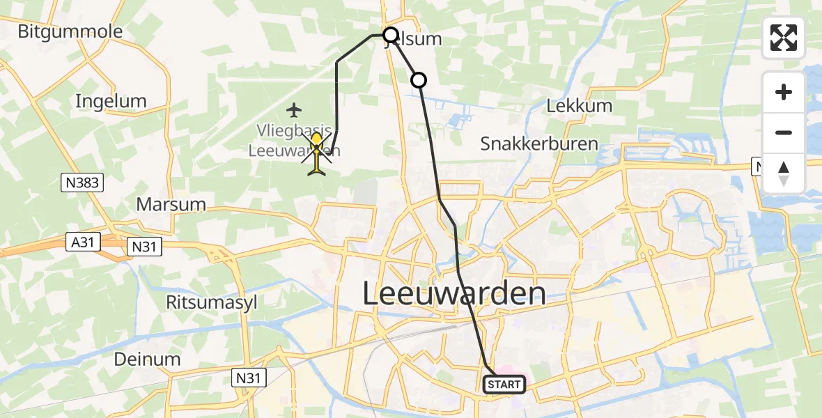 Routekaart van de vlucht: Ambulancehelikopter naar Vliegbasis Leeuwarden, Zuiderplein