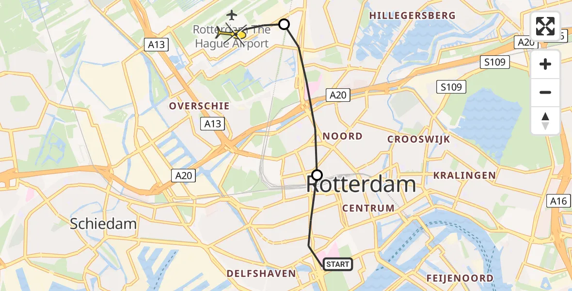 Routekaart van de vlucht: Lifeliner 2 naar Rotterdam The Hague Airport, 's-Gravendijkwal