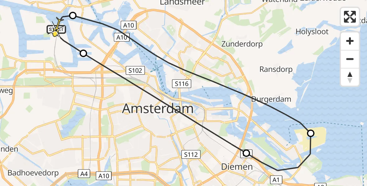 Routekaart van de vlucht: Lifeliner 1 naar Amsterdam Heliport, Westhaven