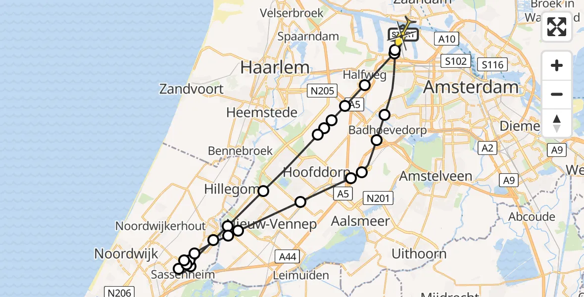 Routekaart van de vlucht: Lifeliner 1 naar Amsterdam Heliport, Nieuw-Zeelandweg