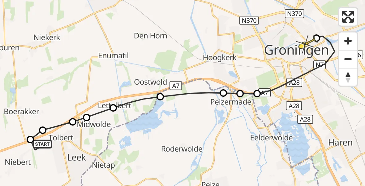 Routekaart van de vlucht: Lifeliner 4 naar Universitair Medisch Centrum Groningen, Poortweg