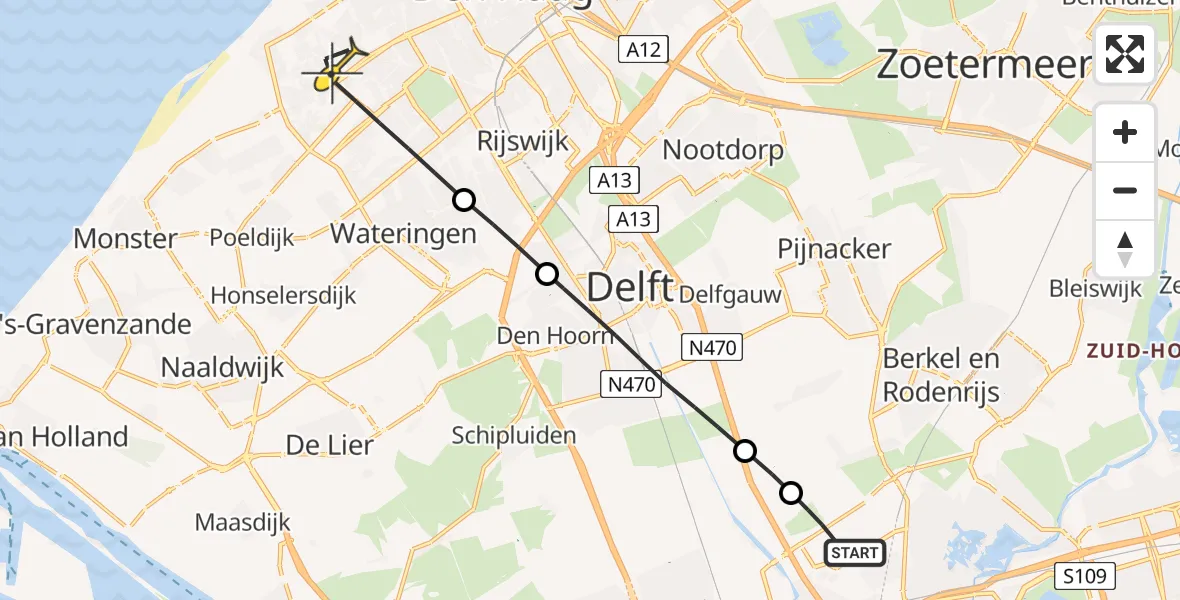 Routekaart van de vlucht: Lifeliner 2 naar Den Haag, Avocadostraat