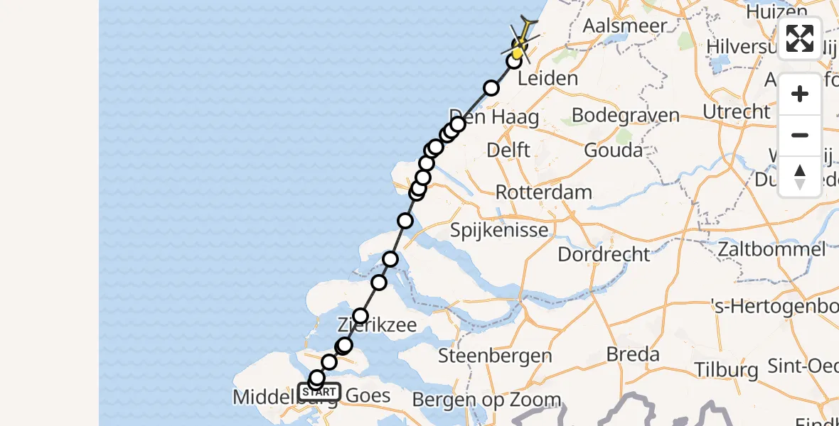 Routekaart van de vlucht: Kustwachthelikopter naar Noordwijk, Oranjeplaatweg