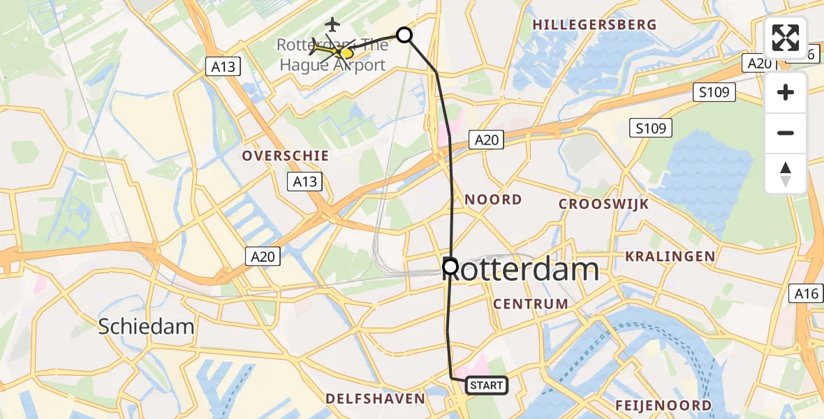 Routekaart van de vlucht: Lifeliner 2 naar Rotterdam The Hague Airport, 's-Gravendijkwal