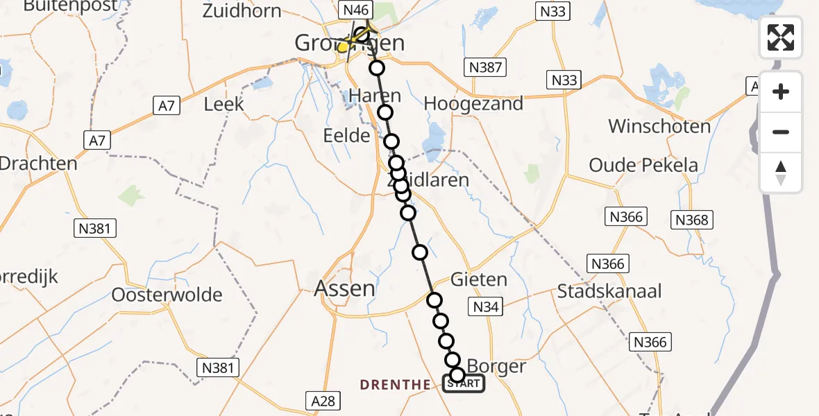 Routekaart van de vlucht: Lifeliner 4 naar Universitair Medisch Centrum Groningen, Koestukkenweg