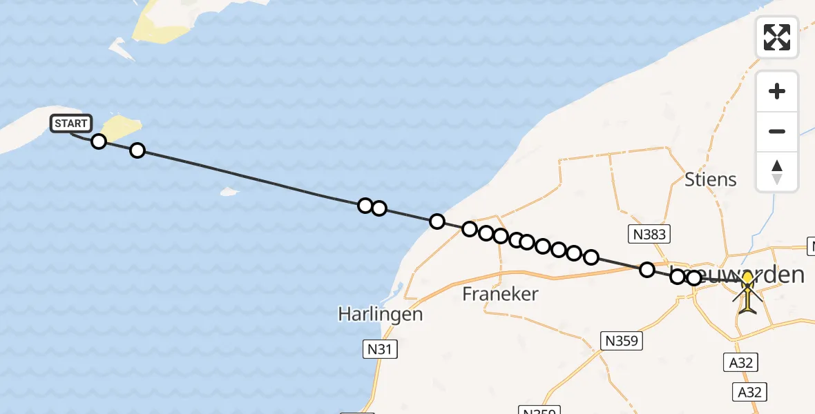 Routekaart van de vlucht: Ambulancehelikopter naar Leeuwarden, Haven Vlieland