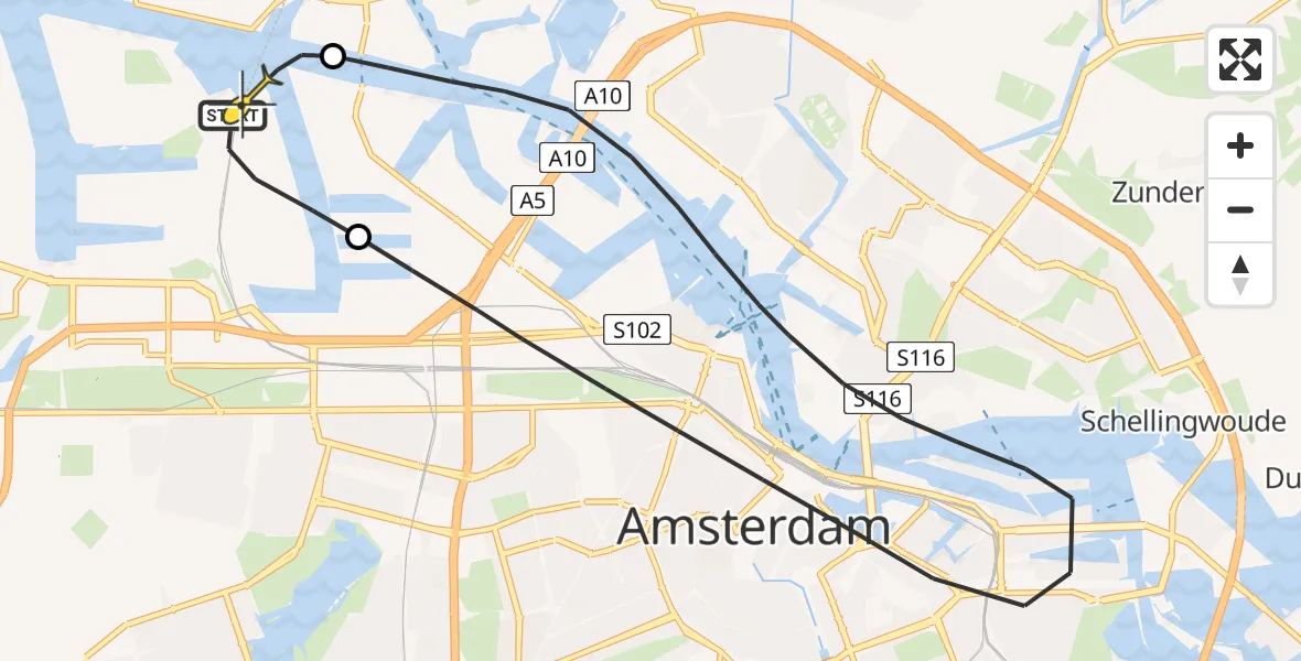 Routekaart van de vlucht: Lifeliner 1 naar Amsterdam Heliport, Westhaven