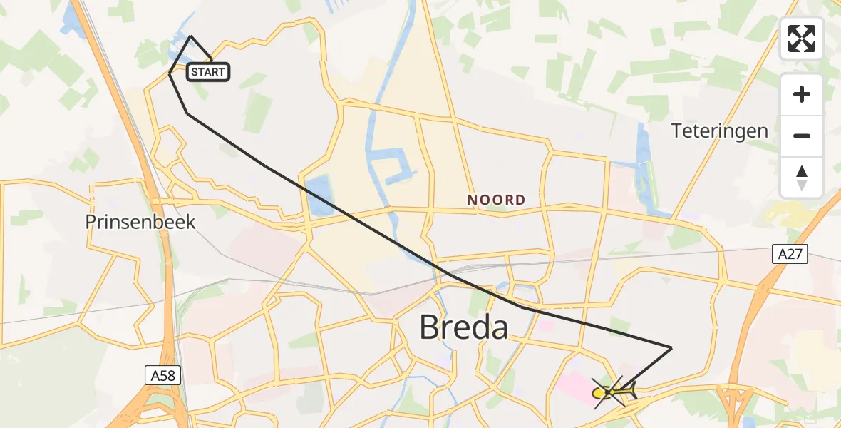 Routekaart van de vlucht: Lifeliner 2 naar Breda, Westerhagelaan