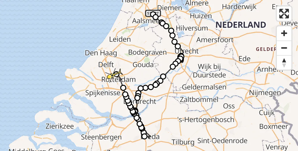 Vluchtroute Politiehelikopter van Schiphol naar Rotterdam The Hague Airport