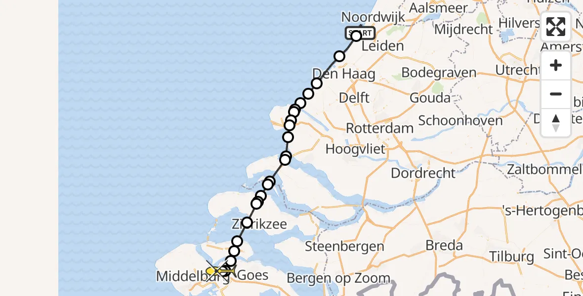Routekaart van de vlucht: Kustwachthelikopter naar Vliegveld Midden-Zeeland, Strandplein