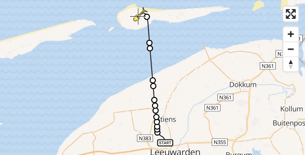 Routekaart van de vlucht: Ambulancehelikopter naar Ameland Airport Ballum, Keegsdijkje