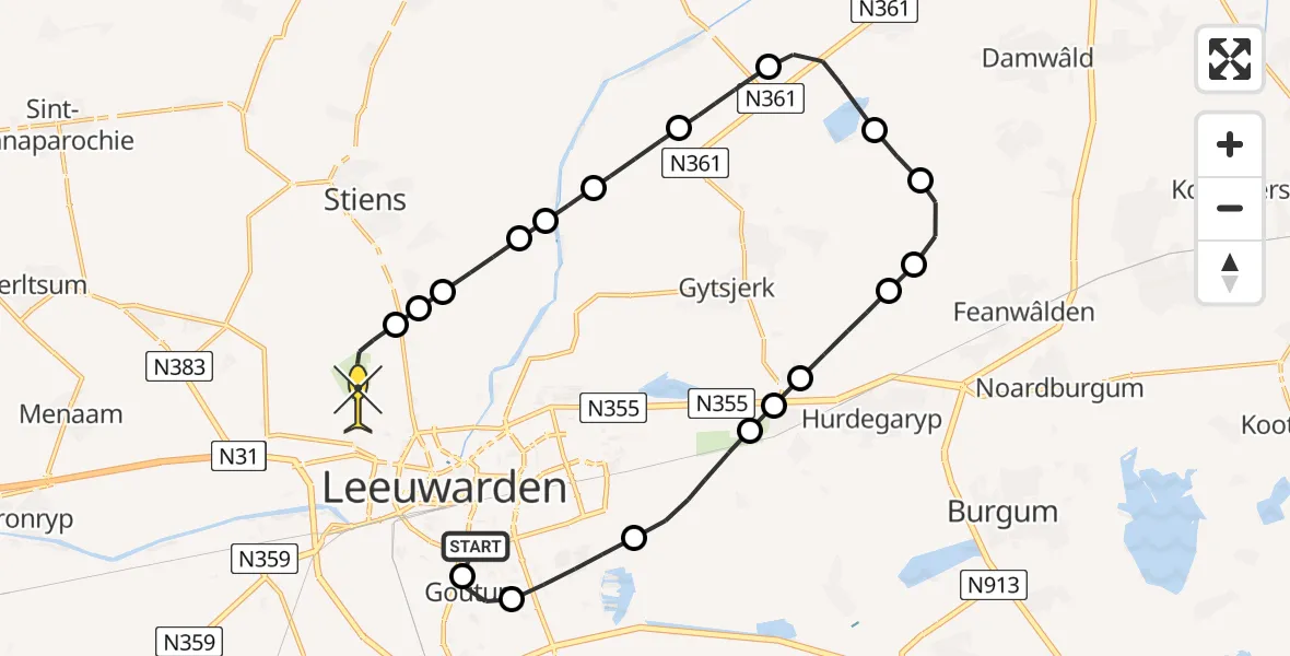 Routekaart van de vlucht: Ambulancehelikopter naar Vliegbasis Leeuwarden, Van Emingaleane