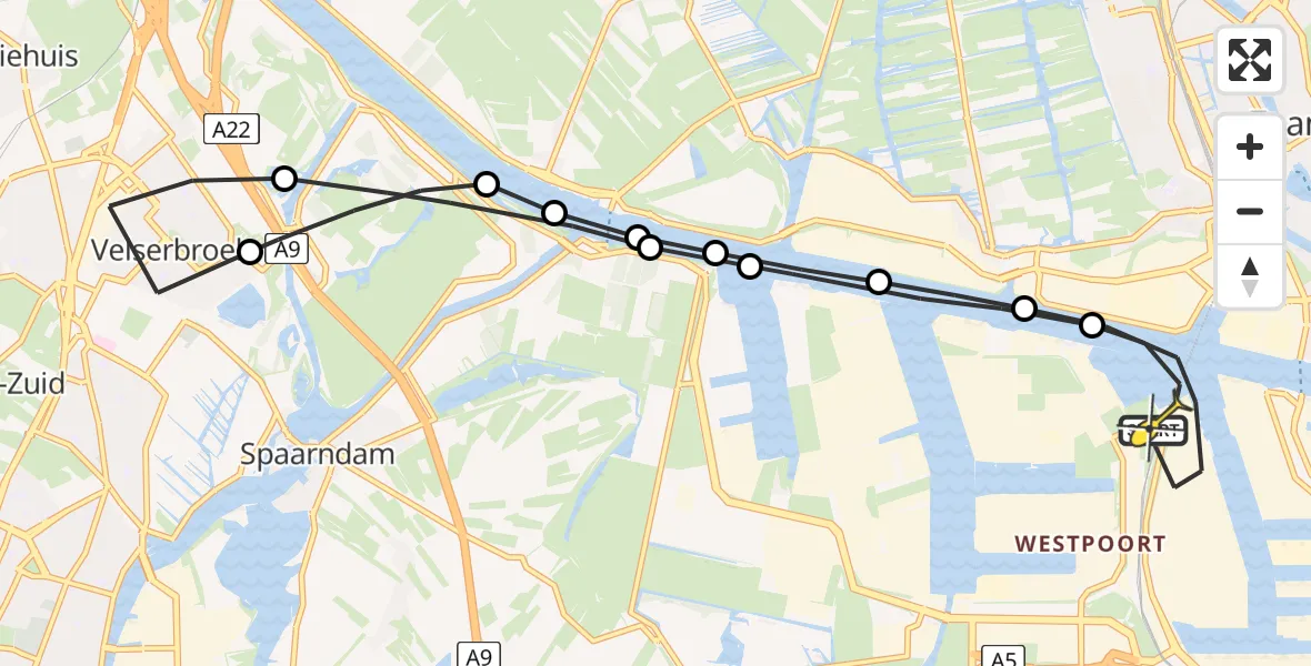 Routekaart van de vlucht: Lifeliner 1 naar Amsterdam Heliport, Capriweg