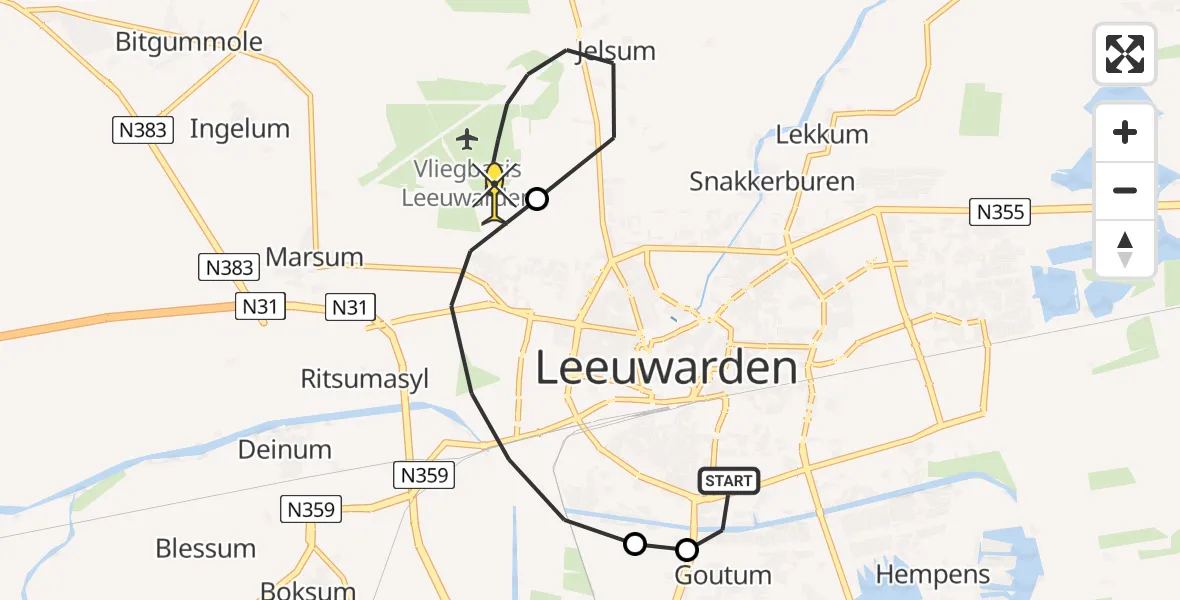 Routekaart van de vlucht: Ambulanceheli naar Vliegbasis Leeuwarden, Overijsselselaan