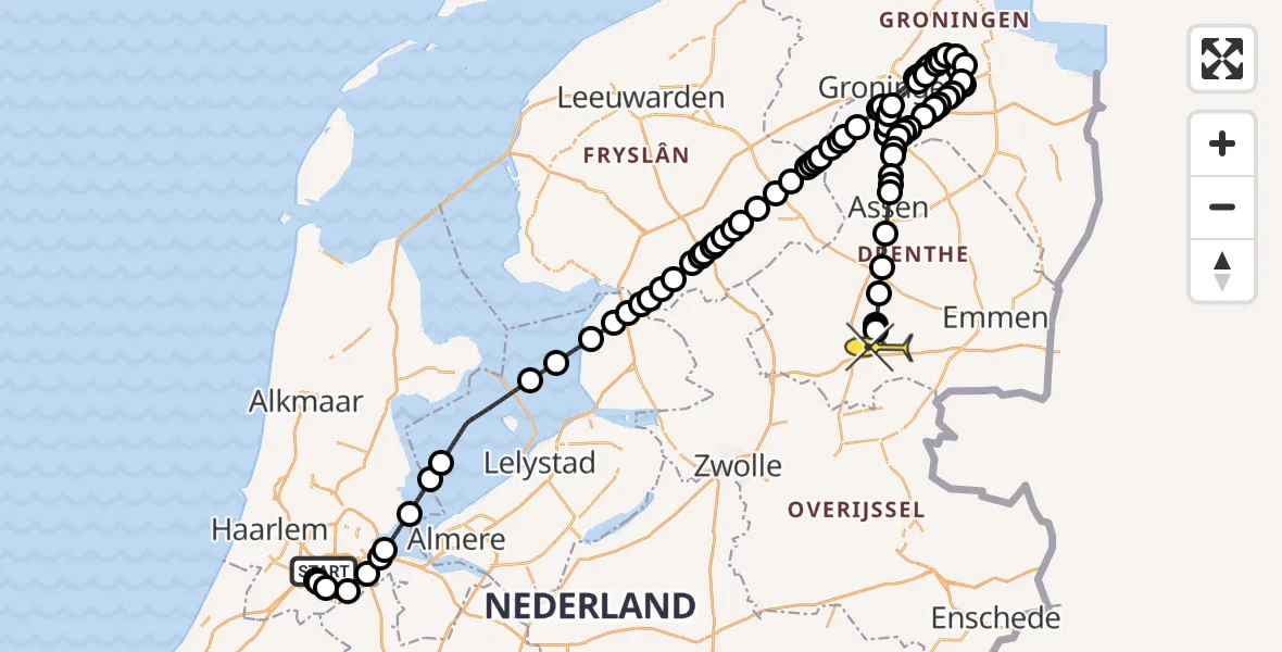 Routekaart van de vlucht: Politieheli naar Vliegveld Hoogeveen, Westerkimweg