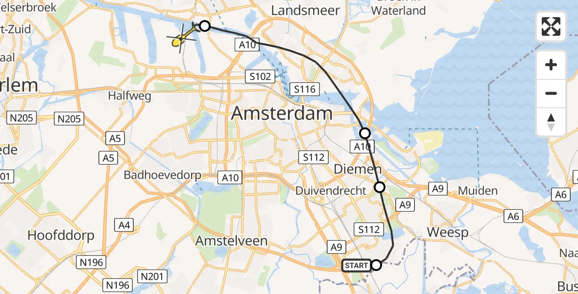 Routekaart van de vlucht: Lifeliner 1 naar Amsterdam Heliport, Spengenpad
