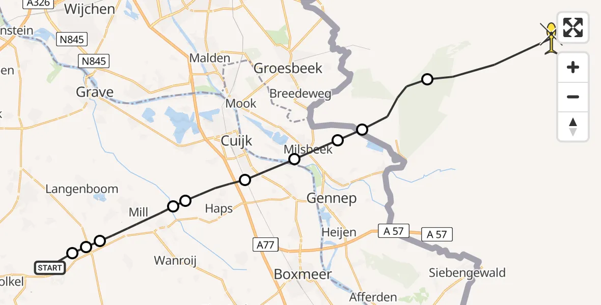 Vluchtroute Traumahelikopter van Vliegbasis Volkel naar 