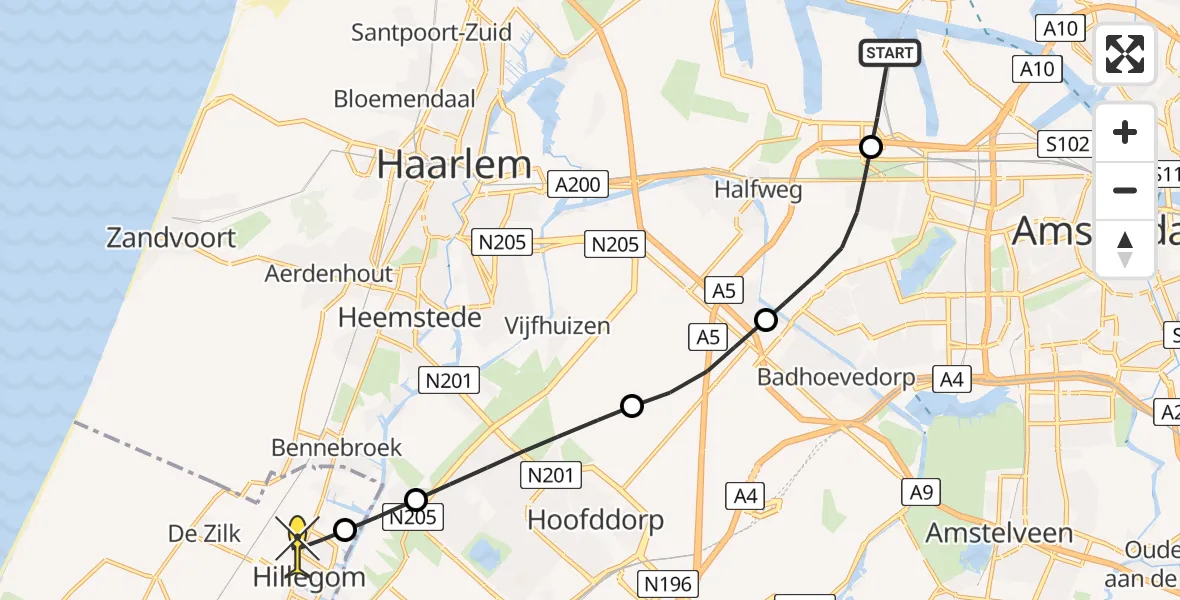 Routekaart van de vlucht: Lifeliner 1 naar Hillegom, Nieuw-Zeelandweg